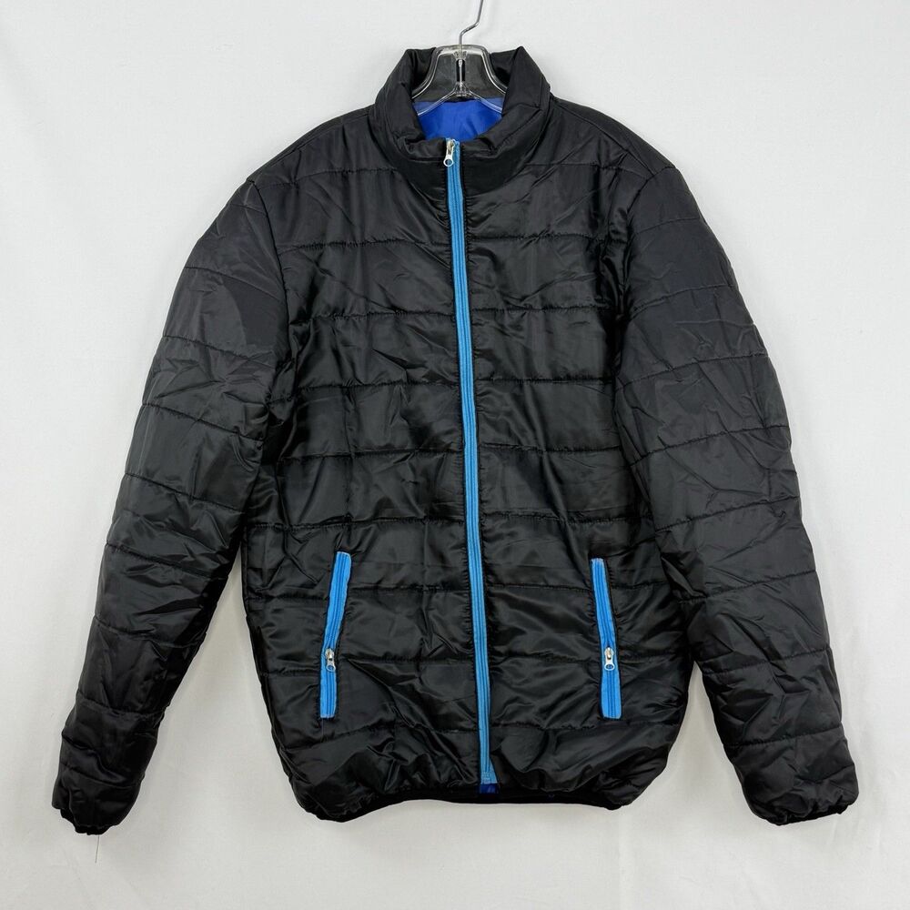 Men’s XXL Black Puffer Jacket Blue Zipper Pockets Lightweight Insulated